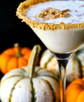 creamy pumpkin martini with a graham cracker rim and pumpkins in background