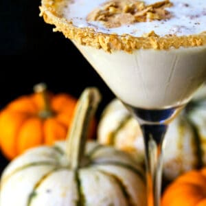 creamy pumpkin martini with a graham cracker rim and pumpkins in background