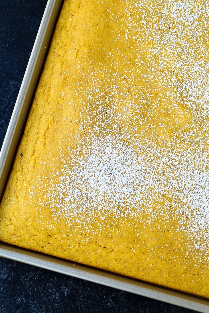 Pumpkin Sheet Pan Pancakes are here for all you fall food vibes! An easy, make ahead sheet pan pancake recipe that reheats wonderfully! Pumpkin Sheet Pan Pancakes on baking pan
