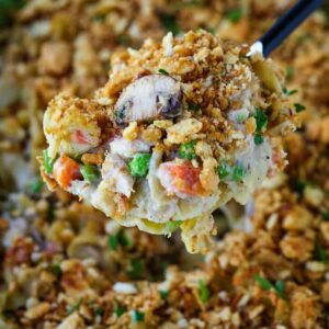 Tuna Noodle Casserole on a serving spoon