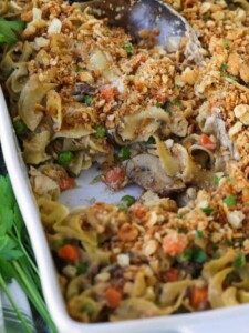 Tuna Noodle Casserole with cracker topping in baking dish