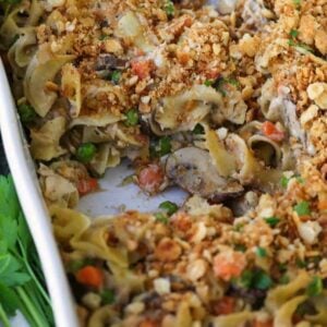 Tuna Noodle Casserole with cracker topping in baking dish