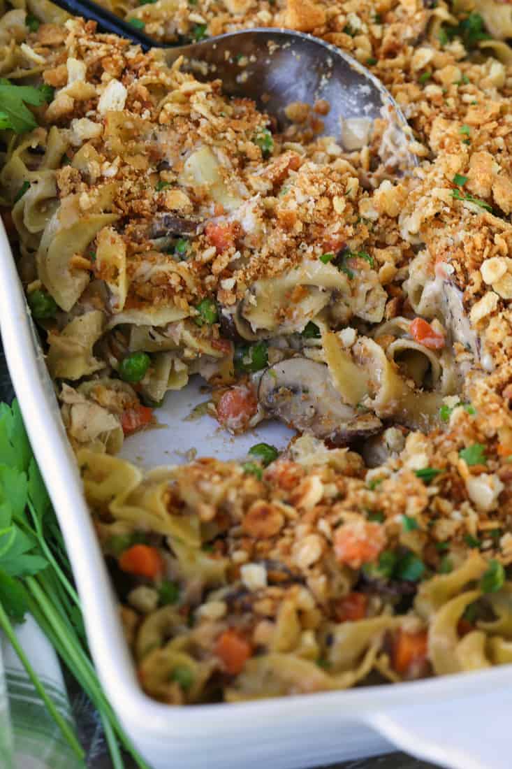 Tuna Noodle Casserole with cracker topping in baking dish