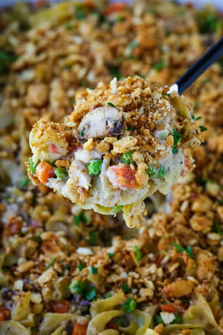 Tuna Noodle Casserole on a serving spoon