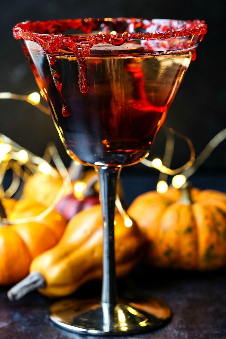 Vampire's Kiss Martini with fake blood dripping down the sides of the glass