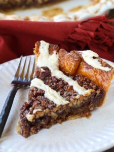 Cinnamon Roll Pie slice on a plate with fork