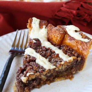 Cinnamon Roll Pie slice on a plate with fork