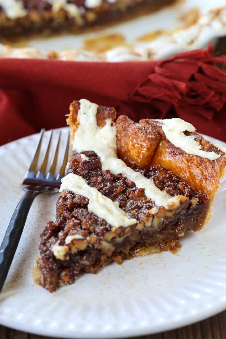 Cinnamon Roll Pie slice on a plate with fork