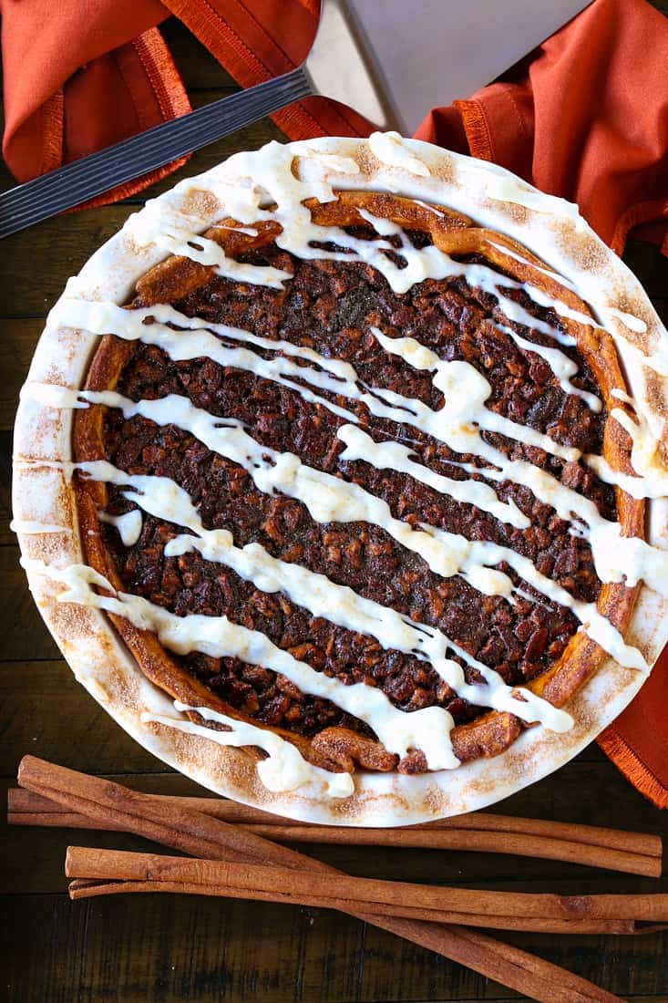 Cinnamon Roll Pie from the top with napkin and pie server