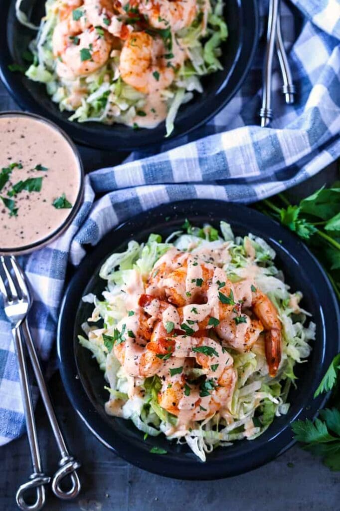 Shrimp remoulade recipe on a bed of lettuce