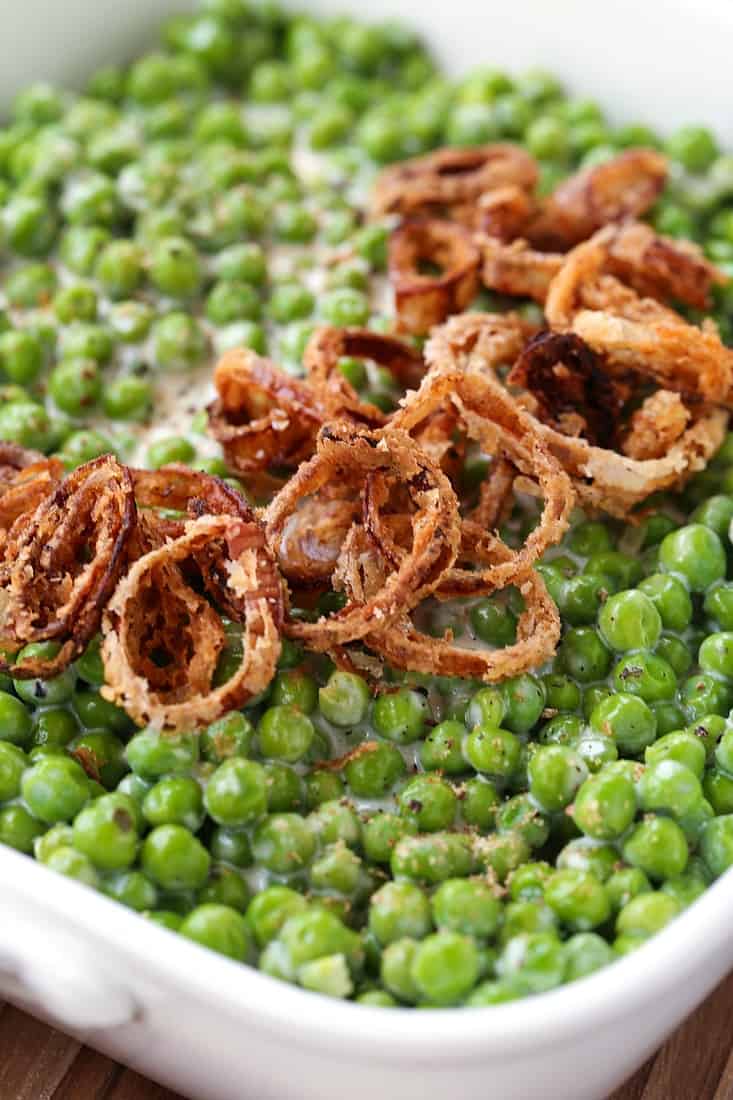 creamed peas with homemade fried shallots for garnish