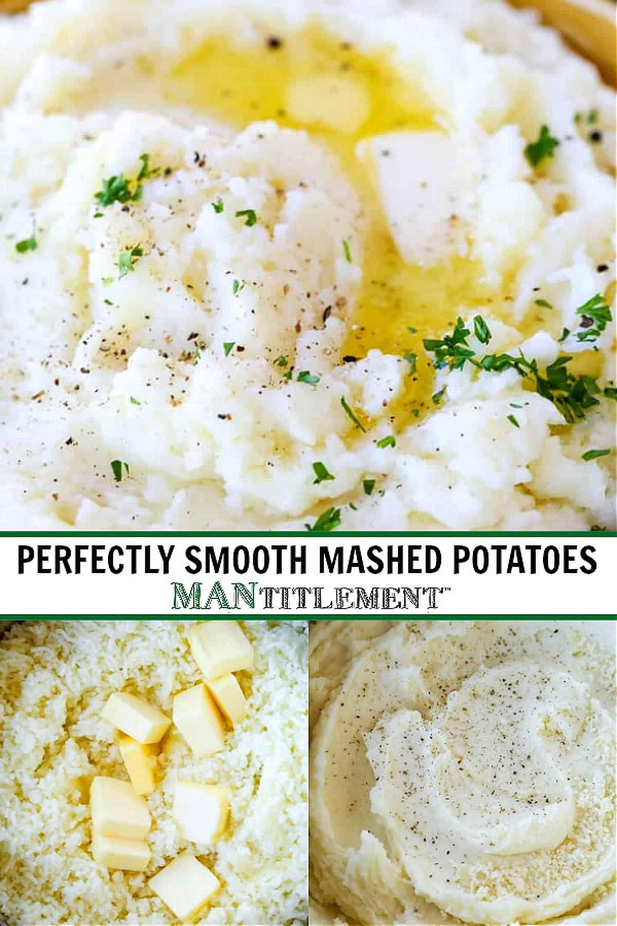 Our Fluffy Mashed Potatoes are so smooth and creamy, you won't make them any other way! A key tool makes these potatoes the best! pinterest collage of mashed potatoes
