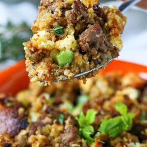 sausage cornbread dressing on serving spoon
