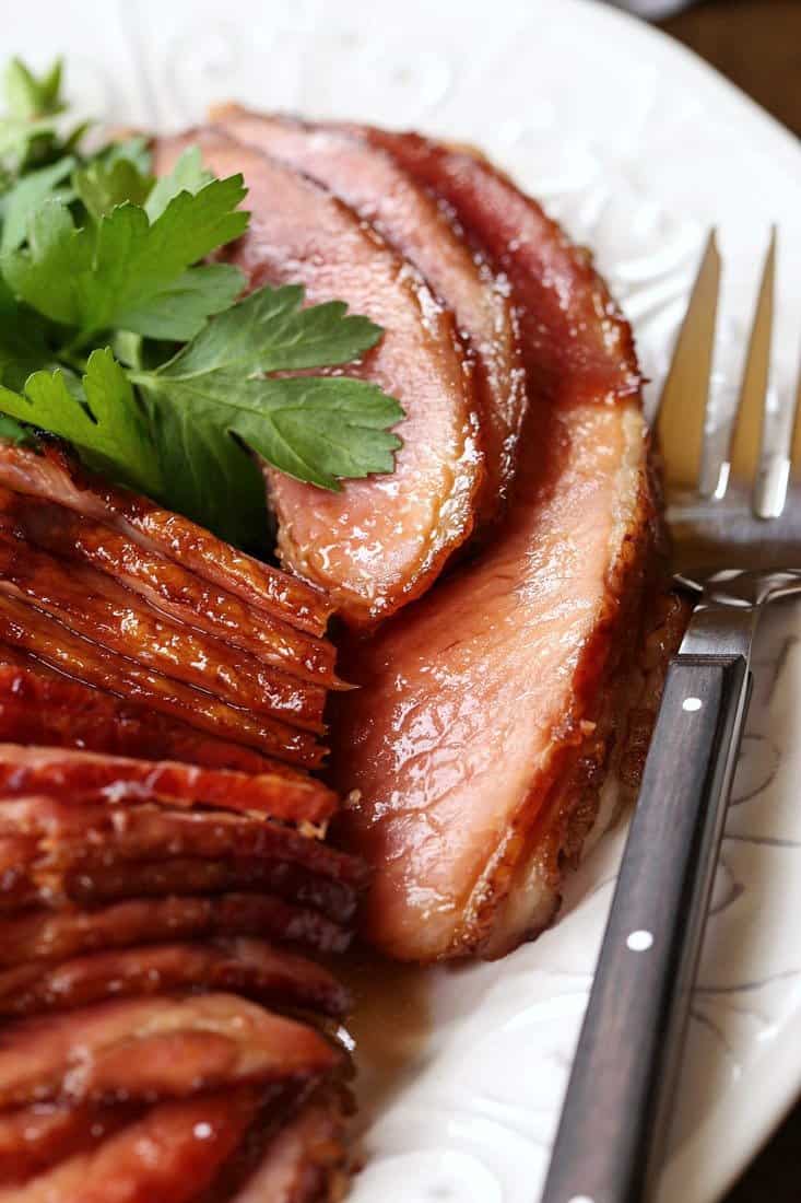 Spiral sliced ham glazed with brown sugar bourbon glaze