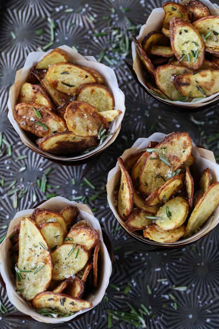 Roasted fingerling potatoes in paper cups