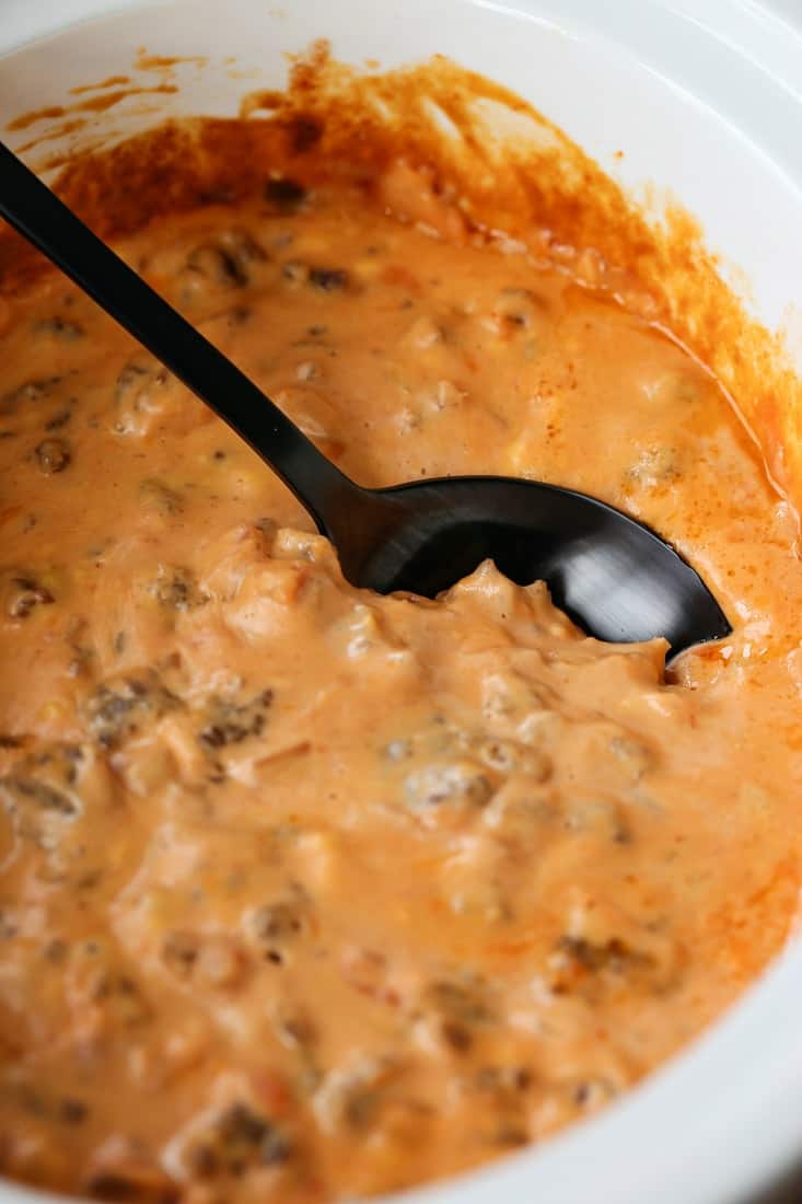 Sausage Queso made in a crock pot