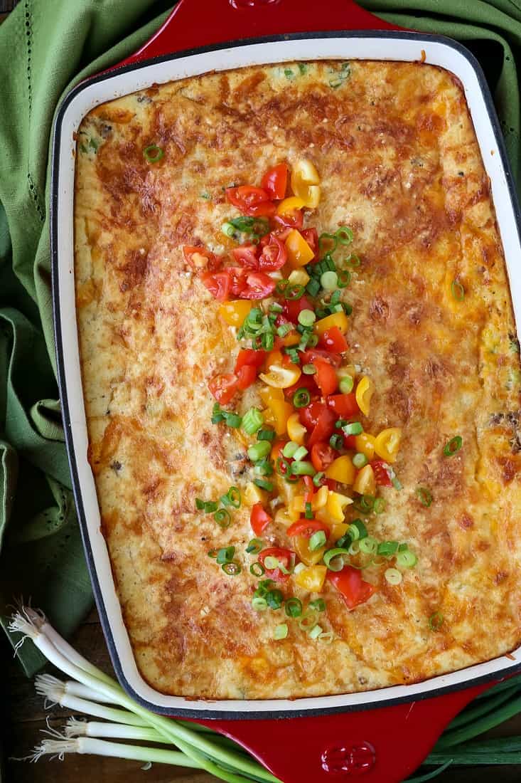 sausage breakfast casserole in baking dish with napkin