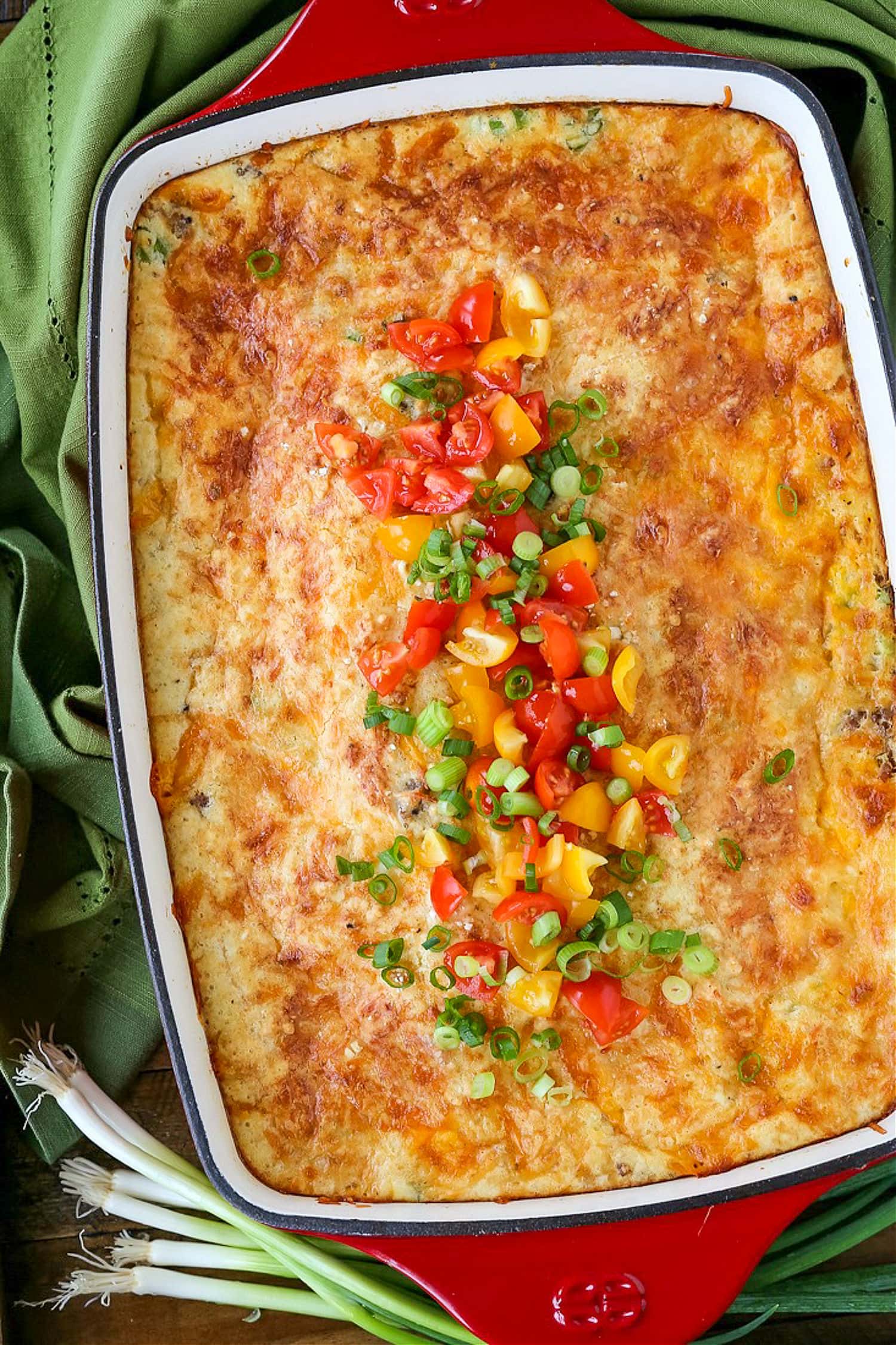 sausage breakfast casserole in baking dish from top