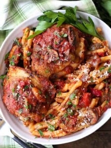 Chicken Cacciatore in a bowl with pasta