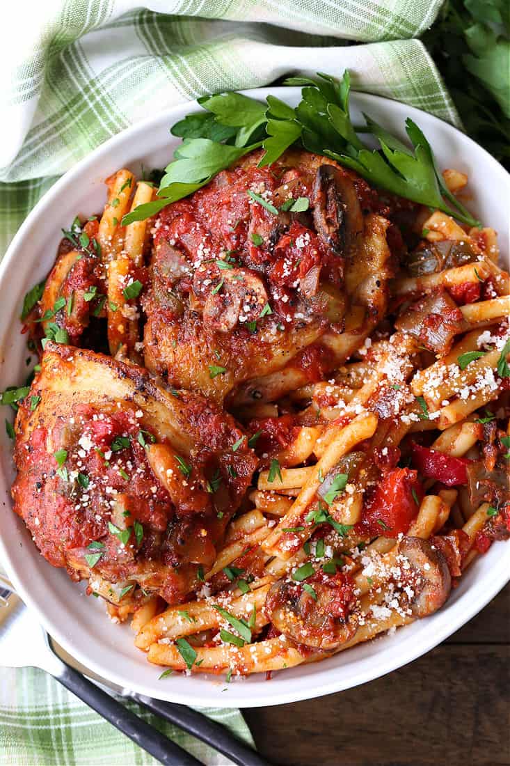 Chicken Cacciatore in a bowl with pasta