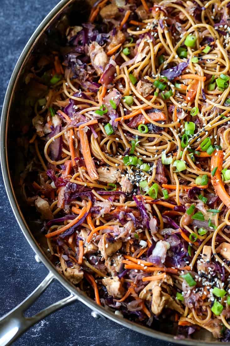 skillet with spaghetti and vegetables for a healthy dinner recipe