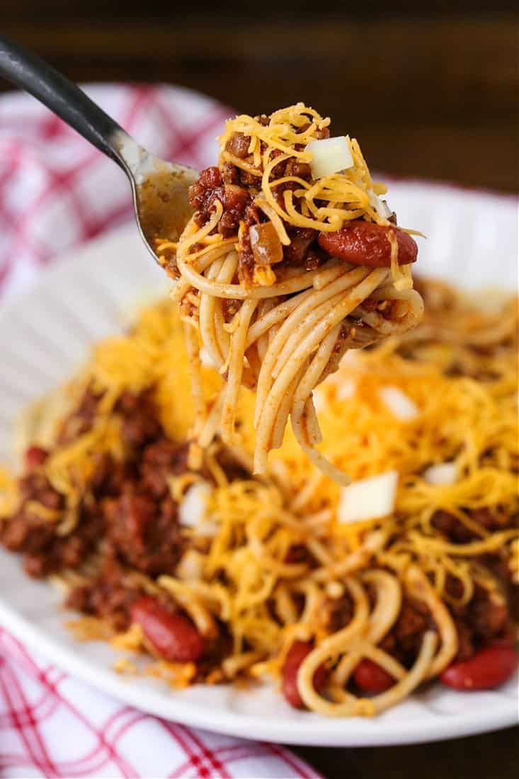 Cincinnati Chili recipe on a fork