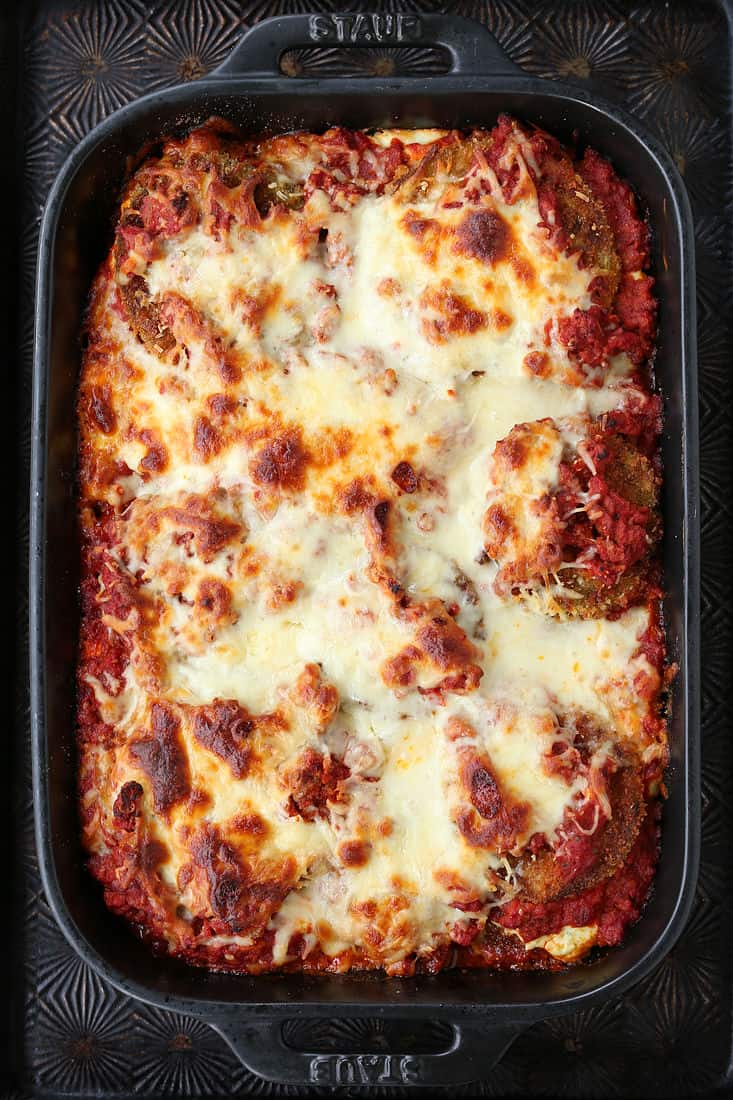 A pan of eggplant parmesan fresh out of the oven.