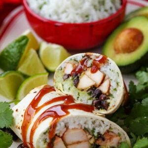 chicken burrito with teriyaki glaze on a plate