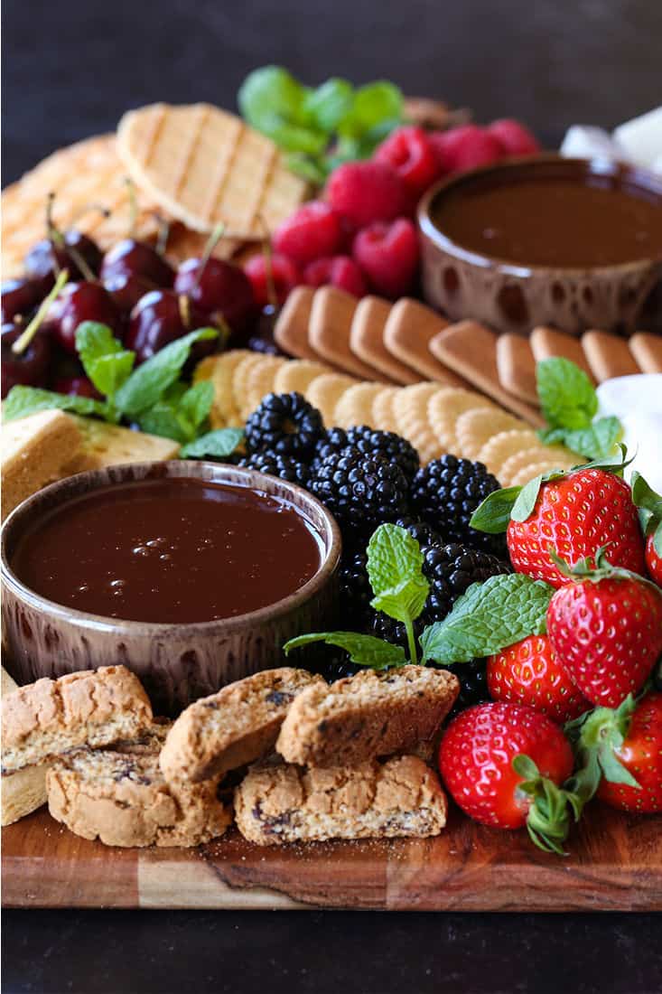 Dessert charcuterie board with dipping chocolate