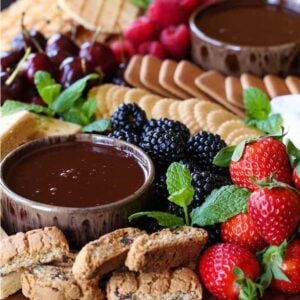 Dessert charcuterie board with chocolate fondue