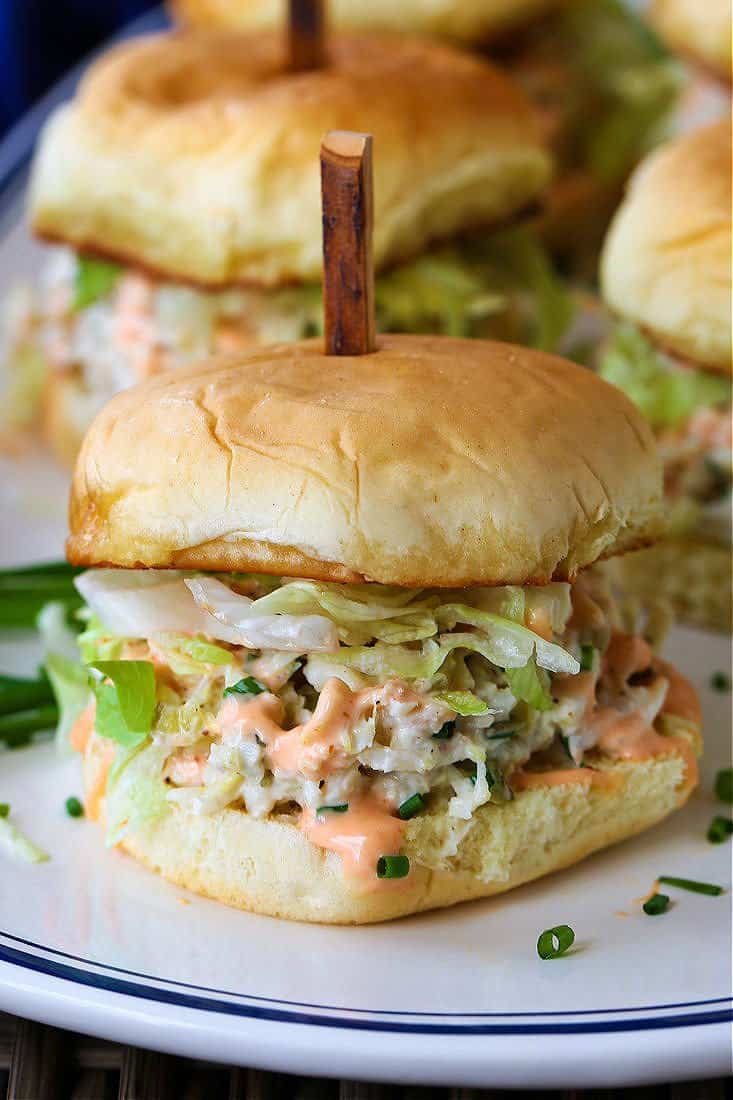 Crab Sliders with lettuce and sriracha mayonnaise