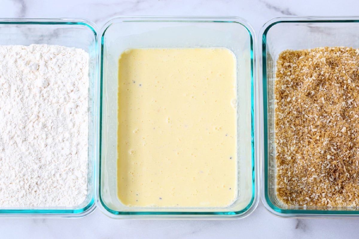 breading station dishes with flour, egg and breadcrumbs