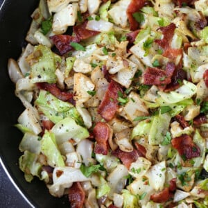 cabbage and bacon in a skillet
