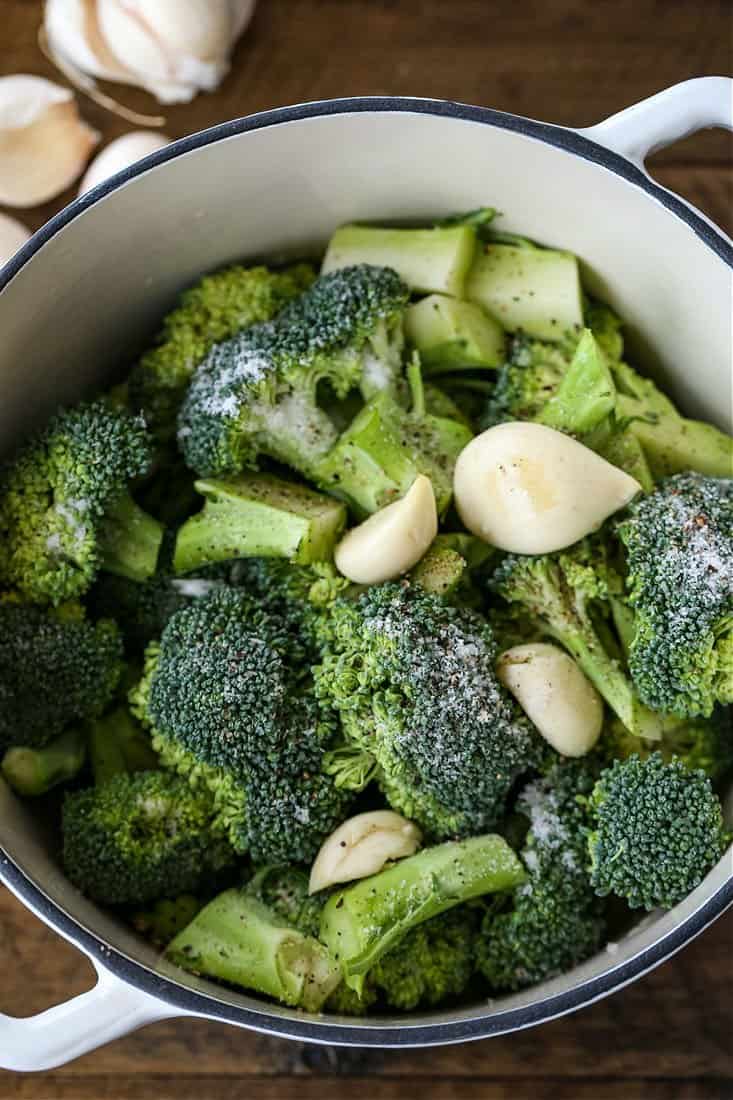 broccoli and garlic in a pot for broccoli soup recipe