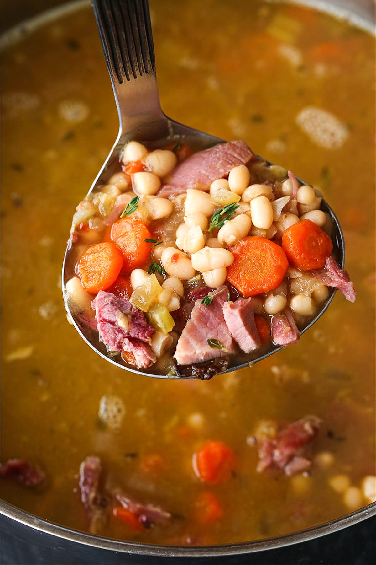 Make this comforting Navy Bean Soup with your leftover ham bone! A hearty soup loaded with vegetables in a homemade ham bone broth. Navy Bean soup on a ladle