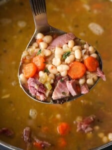 Navy Bean soup on a ladle