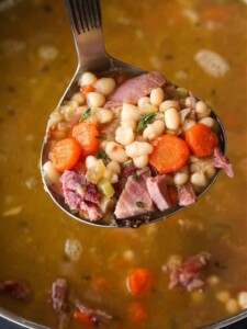 Navy Bean soup on a ladle