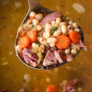 Navy Bean soup on a ladle