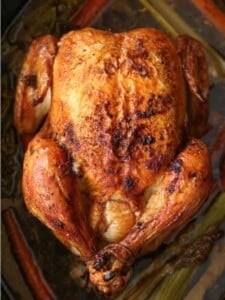 Whole Roasted Chicken in a roasting pan