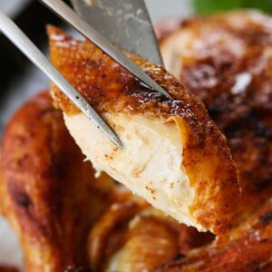 Slice of roast chicken on a serving fork