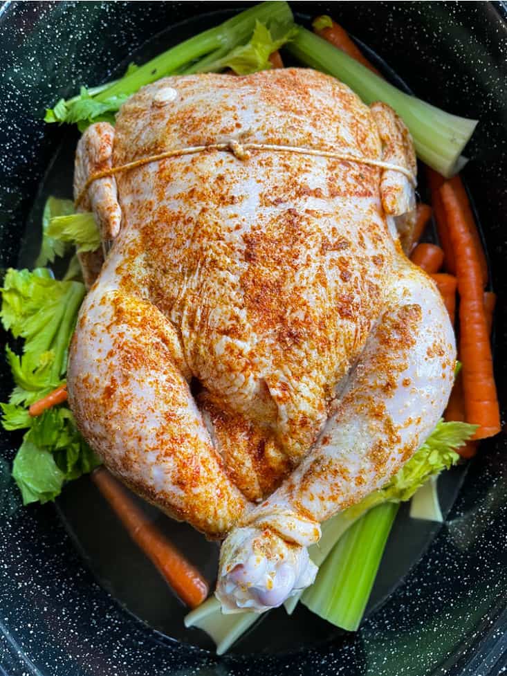 A whole chicken in a roasting pan with vegetables