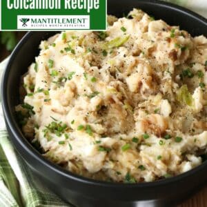 mashed potatoes with cabbage and onions in bowl with napkin