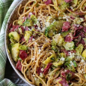 Leftover corned beef recipe with spaghetti and brussels sprouts