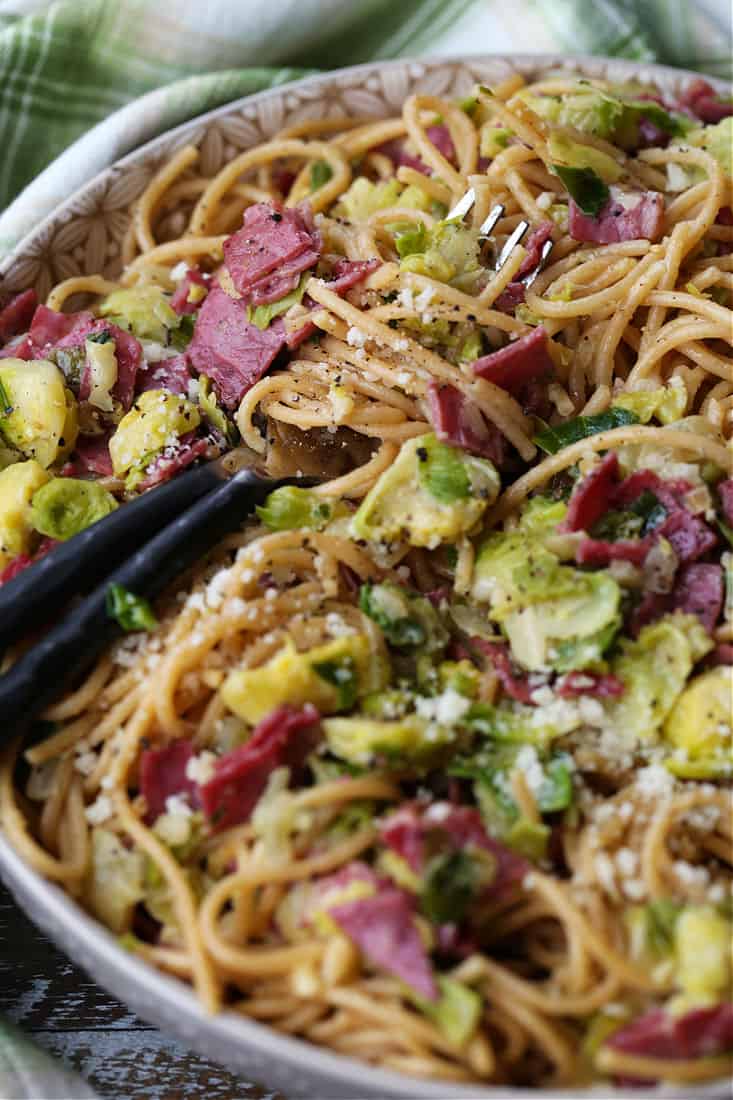 Spaghetti recipe with leftover corned beef and brussels sprouts