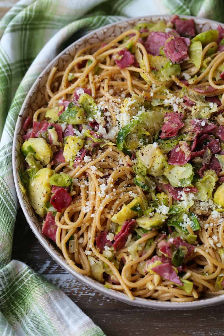 Leftover corned beef recipe with spaghetti and brussels sprouts