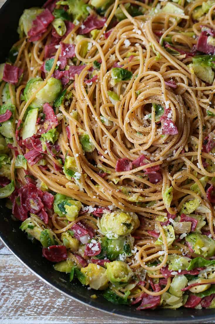 Corned Beef and Brussels Spaghetti in a skillet from the top