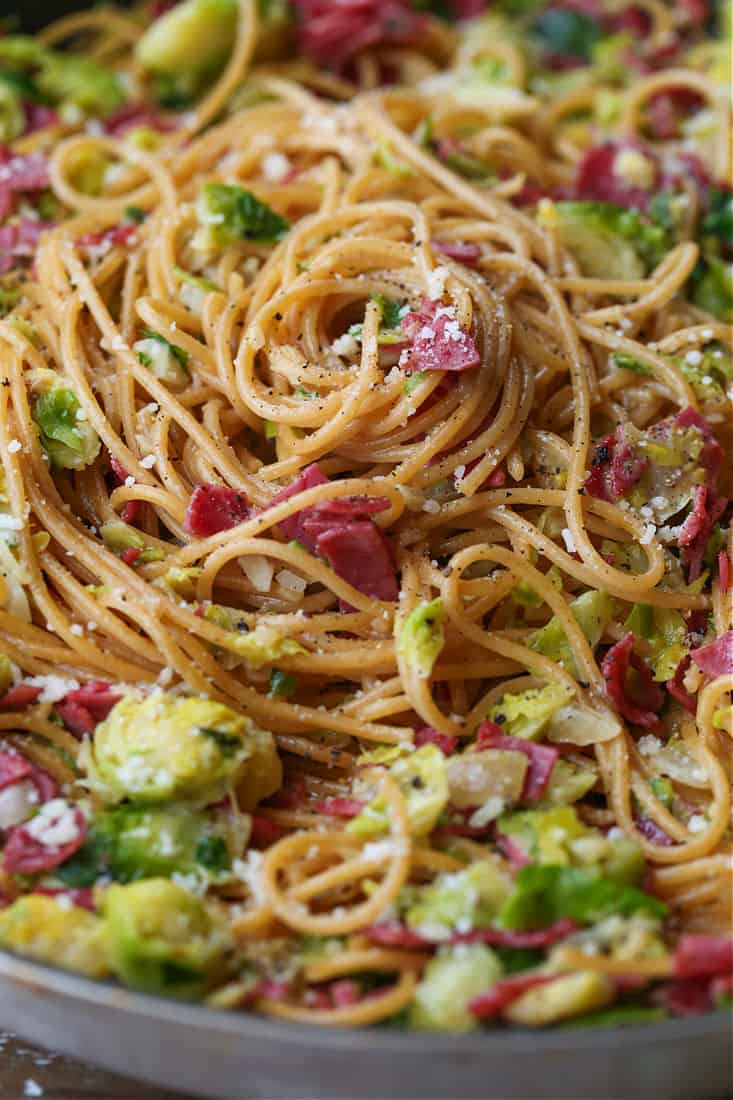 Spaghetti recipe with corned beef and brussels sprouts