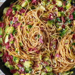 Corned Beef and brussels spaghetti in a skillet