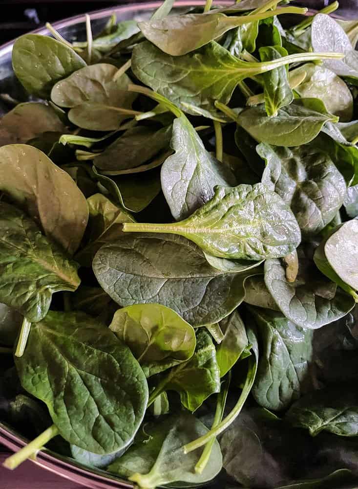 fresh spinach being used to make creamed spinach recipe