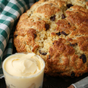 Irish Soda Bread with green and white napkin and butter